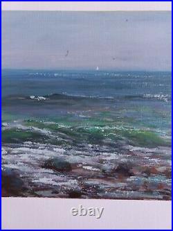 Hand painted Oil painting nice seascape green ocean waves with birds on canvas