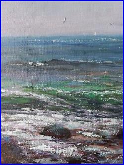 Hand painted Oil painting nice seascape green ocean waves with birds on canvas