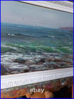 Hand painted Oil painting nice seascape green ocean waves with birds on canvas