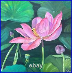 Handmade Classic Oil painting Lotus Flower on Canvas Linen 24x24