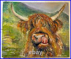 Highland Scottish Cow, Original Oil Painting, Vintage Window Frame