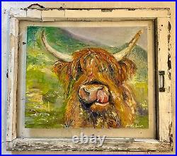 Highland Scottish Cow, Original Oil Painting, Vintage Window Frame
