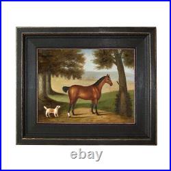 Horse and Dog in Landscape Framed Oil Painting Print on Canvas in Black Frame