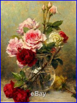 Huge oil painting Gustave Bienvetu A vase of roses beautifl flowers on canvas