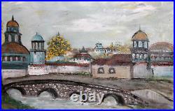 Impressionist landscape cityscape oil painting river bridge