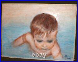 Impressionist oil painting baby portrait signed