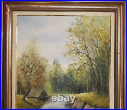 Impressionist oil painting forest river landscape wooden hut signed