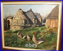 Impressionist oil painting rural landscape huts and gooses signed