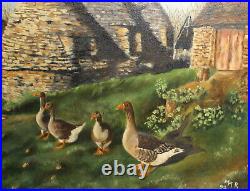 Impressionist oil painting rural landscape huts and gooses signed
