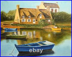 Impressionist river landscape boats houses oil painting signed