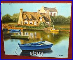 Impressionist river landscape boats houses oil painting signed