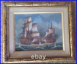 J. Harvey 1800 Signature Battle At Sea Warships 7 1/2 L x 9 1/2 W Oil Painting