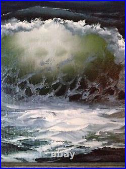 J. Walker Signed Oil Painting Vintage Surf Seascape Rocks Night Evening View