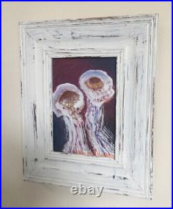 Jelly Fish, 9x11, Original Oil Painting, Framed, Signed Art, White Frame