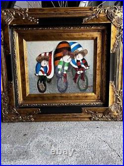 Joyce Roybal Oil Painting Kids Riding Bicycles Framed Original Signed Canvas 2pc