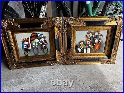 Joyce Roybal Oil Painting Kids Riding Bicycles Framed Original Signed Canvas 2pc