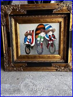 Joyce Roybal Oil Painting Kids Riding Bicycles Framed Original Signed Canvas 2pc