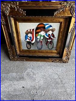 Joyce Roybal Oil Painting Kids Riding Bicycles Framed Original Signed Canvas 2pc