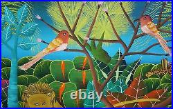 LESLY PIERRE-Haitian Artist-Large Original Signed Oil-Animals & Jungle