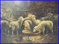 Large Antique 16 x 20 FLOCK OF SHEEP in Barn Stable OIL PAINTING Framed