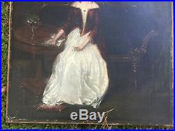 Large Antique Oil Painting Of Woman In Need Of Restoration