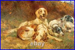 Large Oil painting beautiful four dogs sitting in landscape waiting owner canvas
