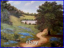 Large Vintage Oil Painting-Bluebonnets-Country Landscape