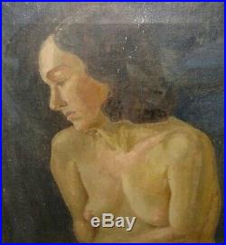 Large Vintage WPA era Atwood nude seated woman portrait oil canvas painting