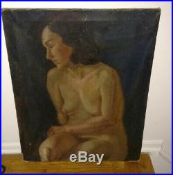 Large Vintage WPA era Atwood nude seated woman portrait oil canvas painting