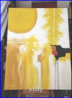 Large Yellow Abstract Painting Mid Century Bachman Very Old Harris Strong Label