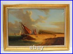 Large antique oil painting on canvas, coastal landscape, framed, signed Dumov