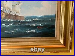 Large oil painting on canvas, seascape, Sailing ship, Signed Rogers, Framed