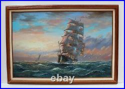 Large oil painting on canvas, seascape, Sailing ships on the ocean, Signed, framed