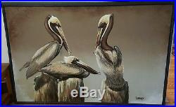 Mid-Century 1960s Rare Vintage Oil Canvas Pelicans Signed Letterman