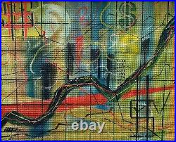 Mid-Century Wall Street Stock Market Chart Abstract Oil Painting Signed & Framed