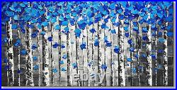 Modern Blue Tree Oil Painting on Canvas, Forest Abstract Wall Art, Hand Painted