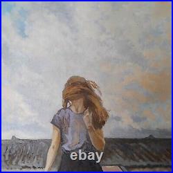 Modern oil painting, girl and sky, handmade