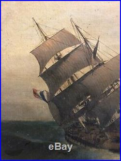 Oil On Canvas Ship At Sea. Antique 1700s