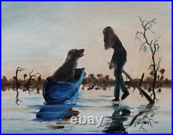 Oil Painting Dog Canoe Boat Sunset Lake Forest Landscape Animal Art by A. Joli