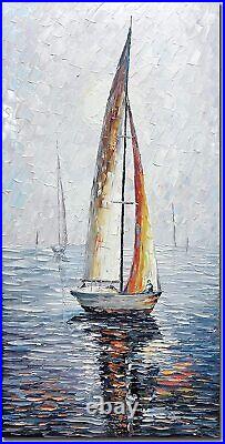 Oil Painting On Canvas 24X48 In Modern Abstract Hand Painted Sailing Boat Framed