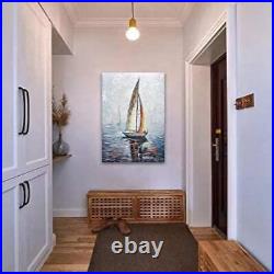 Oil Painting On Canvas 24X48 In Modern Abstract Hand Painted Sailing Boat Framed