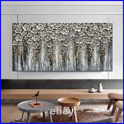 Oil Painting On Canvas Flower Silver Modern Abstract Art Framed Large 24x48inch