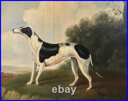 Oil Painting On Canvas, Signed, WHIPPET DOG WHITE ANIMAL, Gold Frame, 18 X 16