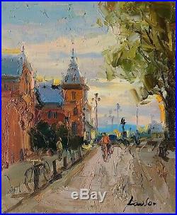 Oil Painting on Canvas, Antique Champagne Framed, Quiet Morning in a Small Town