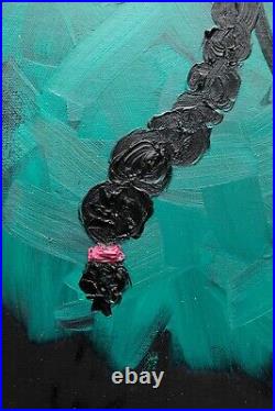 Oil Painting on Canvas Cyan on Black Hand Painted