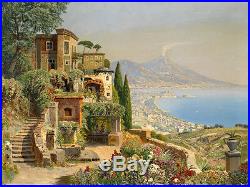 Oil painting Charming Mediterranean landscape with The erupting volcano canvas