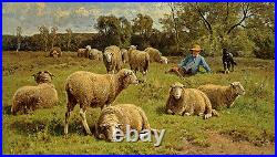 Oil painting Cornelis van Leemputten shepherd & his dog guarding flock of sheep