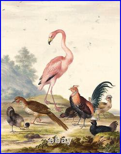 Oil painting Flamingo and Exotic Poultry in Landscape Johannes-van-Bronckhorst