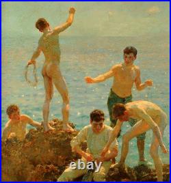 Oil painting Henry Scott Tuke Nude young boys fishing by the ocean canvas