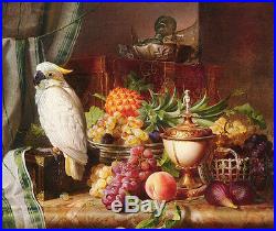 Oil painting Josef Schuster Still Life With Fruit and a Cockatoo bird parrot